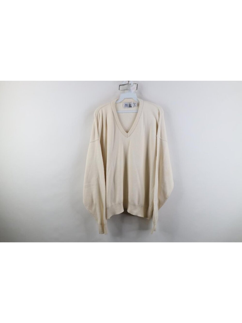 Vintage 90s Streetwear Mens Medium Blank Cotton Knit V-Neck Sweater Cream USA